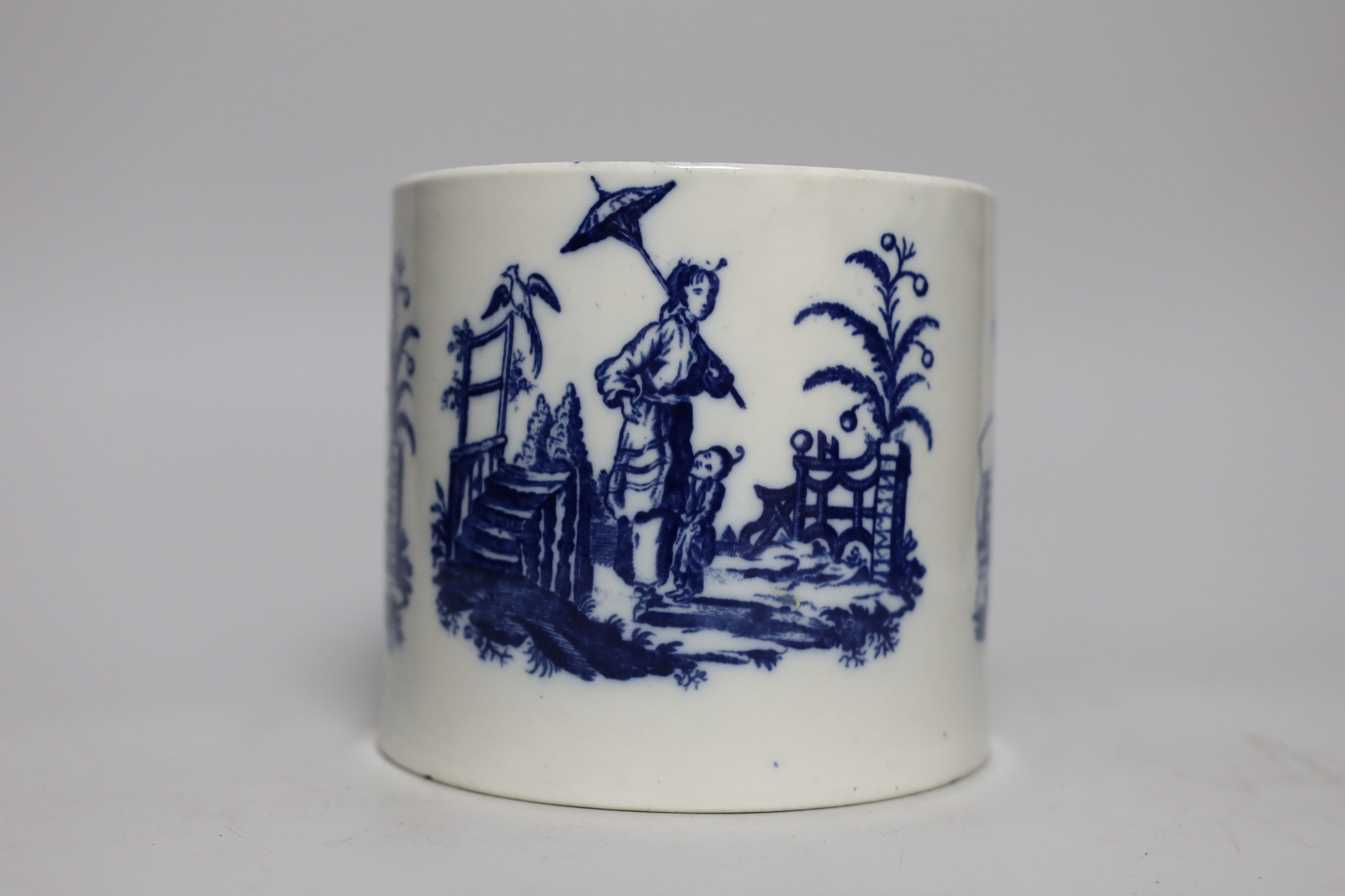 An 18th century large Caughley cider mug, decorated with La Peche and Le Promenade, height 13.5cm